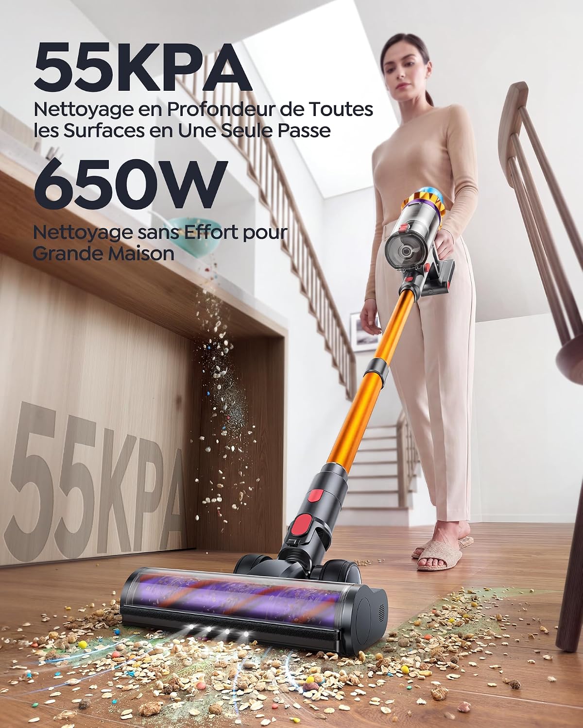 80Min/650W/55KPa Aspirateur Balai sans Fil, 1.8L Aspirateur sans Fil Puissant, Brosse Anti-Enchevêtrement, Écran LED, Rechargeable Support Mural, Parfumé, Sols Durs, Tapis Gold