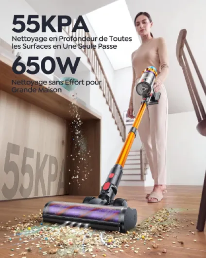 80Min/650W/55KPa Aspirateur Balai sans Fil, 1.8L Aspirateur sans Fil Puissant, Brosse Anti-Enchevêtrement, Écran LED, Rechargeable Support Mural, Parfumé, Sols Durs, Tapis Gold