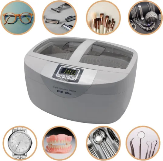 Nettoyeur à ultrasons 2.6 L, 35 kHz nettoyeur bijoux et lunettes, cuve inox, minuterie digitale 5 cycles, nettoyage profond sans rayures, blanc