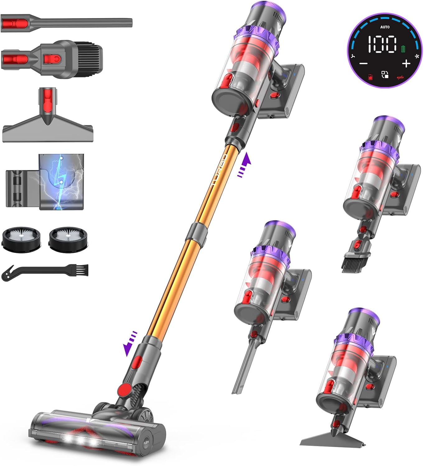 Coovy SU7 Aspirateur Balai sans Fil 580W/55Kpa/75Mins, Aspirateur sans Fil Puissant, Chargement Mural, Écrans Tactiles LED, 1,3L Capacité, pour Sols Durs/Tapis/Les Poils d'animaux