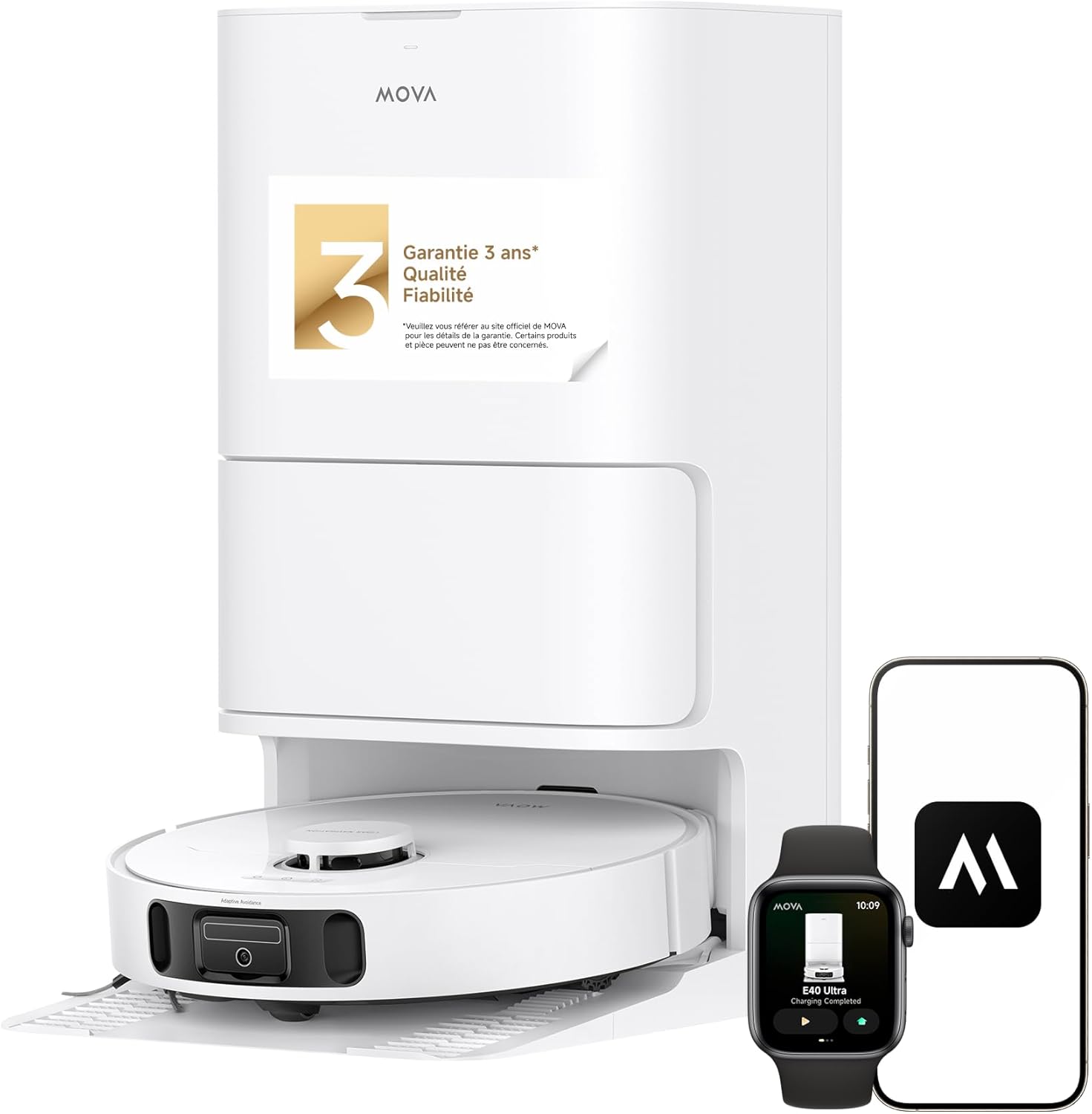 Mova Robot aspirateur et Laveur à vidage Auto E40 Ultra avec Aspiration de 19 000 Pa, Technologie de Lavage MaxiReach, Brosse latérale Anti-nœuds, Base Tout-en-Un, 75 Jours de Nettoyage Autonome