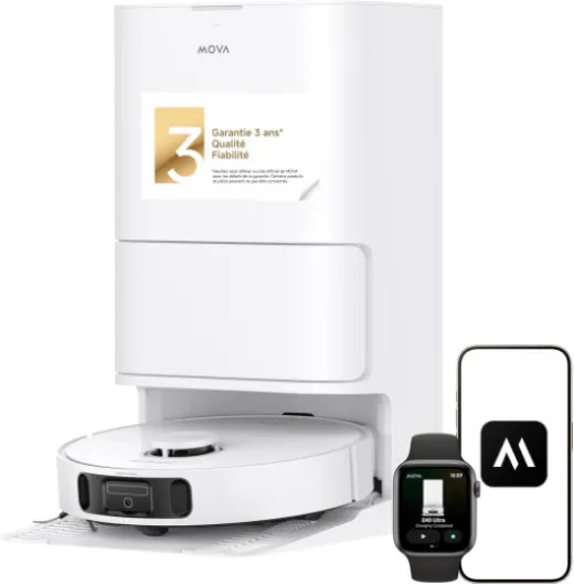 Mova Robot aspirateur et Laveur à vidage Auto E40 Ultra avec Aspiration de 19 000 Pa, Technologie de Lavage MaxiReach, Brosse latérale Anti-nœuds, Base Tout-en-Un, 75 Jours de Nettoyage Autonome