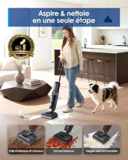 Tineco Floor One i6 Stretch Aspirateur Laveur sans Fil, Aspirateur Sec et Humide, Aspiration Puissante 20 kPa, portée à Plat 180°, Nettoyage Deux Bords, 40 Min d'autonomie, séchage 5 Min 85°C