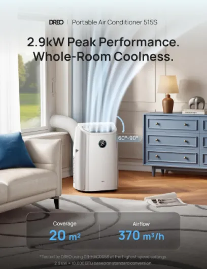 DREO 10000 BTU Portable Air Conditioner, 3-in-1 Cool/Fan/Dry Quiet AC Unit for Bedroom/Office, Smart App/Voice/Remote Control, Drainage-Free, Universal Window Kit, 3.2L/H Dehumidification, AC515S