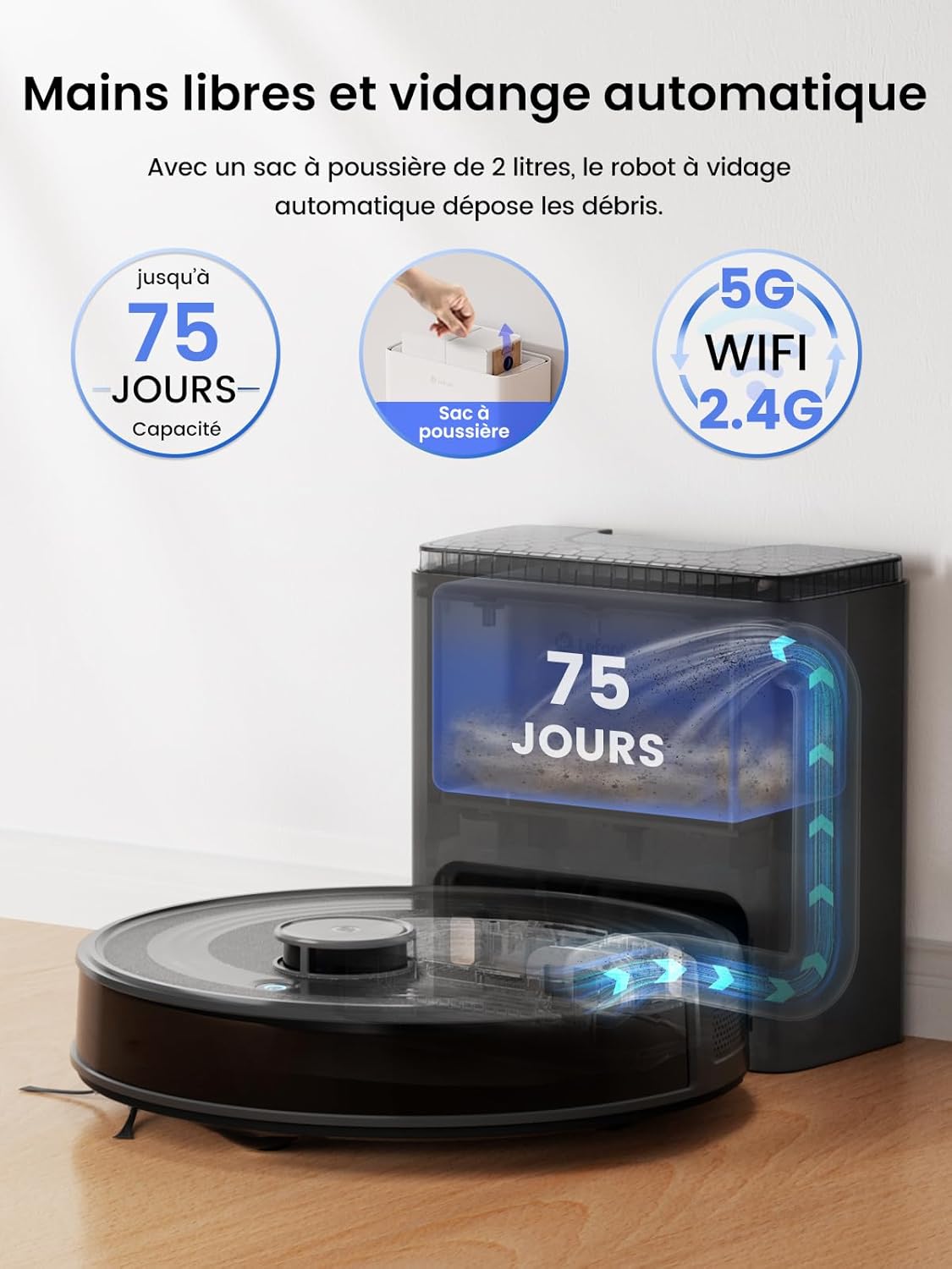 Lefant M2 Plus Robot Aspirateur Laveur avec Station Vidage Automatique, 6000Pa, Navigation Laser avec Cartographie, Évitement d'obstacles PSD, Idéal pour Poils d'animaux/Tapis, App/WiFi/Alexa, Noir Noir Profond