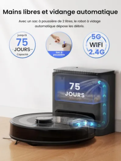 Lefant M2 Plus Robot Aspirateur Laveur avec Station Vidage Automatique, 6000Pa, Navigation Laser avec Cartographie, Évitement d'obstacles PSD, Idéal pour Poils d'animaux/Tapis, App/WiFi/Alexa, Noir Noir Profond