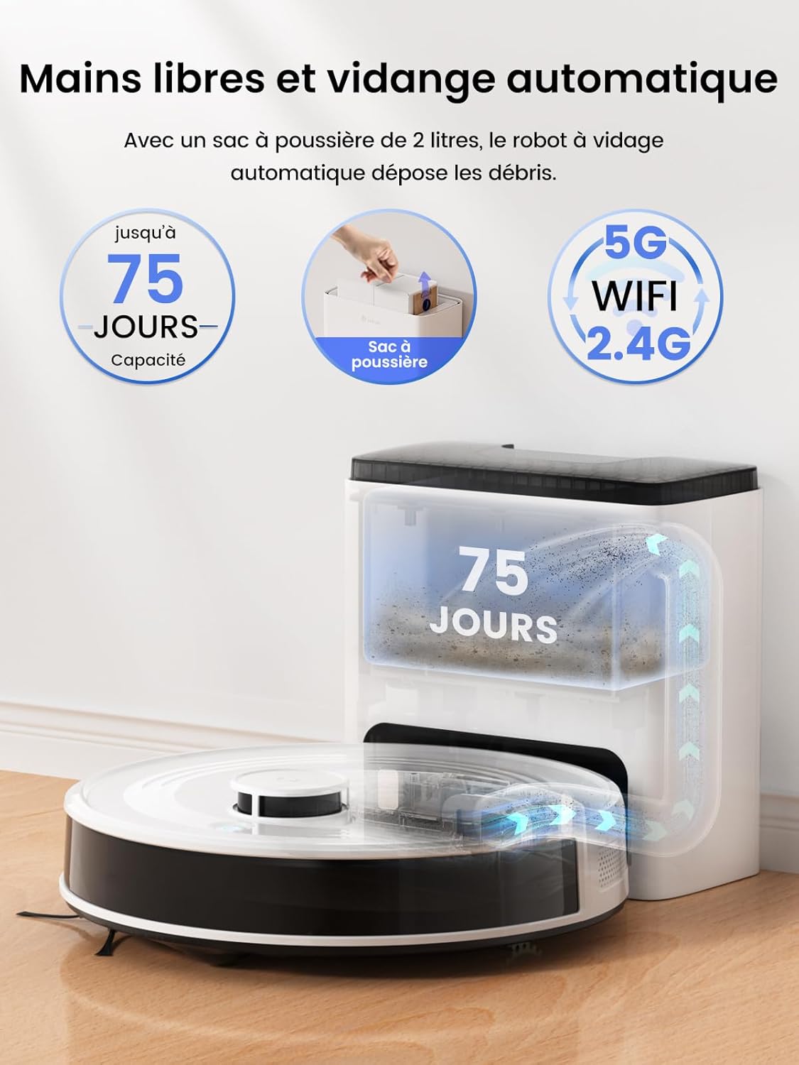 Lefant M2 Plus Robot Aspirateur Laveur 6000Pa avec Station Vidage Automatique Poussière,Navigation Laser avec Cartographie,Évitement d'obstacles PSD,Idéal pour Poils d'animaux/Tapis, WiFi/App/Alexa Blanc Vif