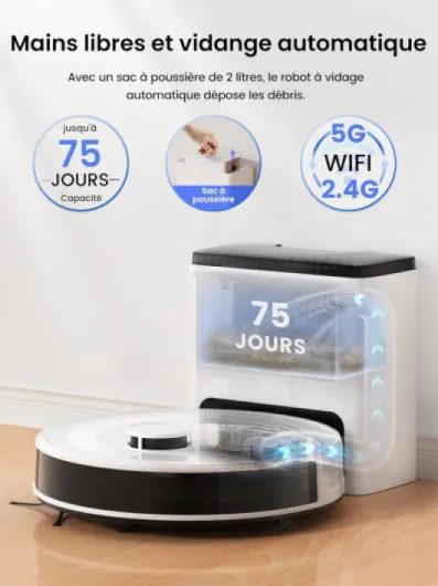 Lefant M2 Plus Robot Aspirateur Laveur 6000Pa avec Station Vidage Automatique Poussière,Navigation Laser avec Cartographie,Évitement d'obstacles PSD,Idéal pour Poils d'animaux/Tapis, WiFi/App/Alexa Blanc Vif