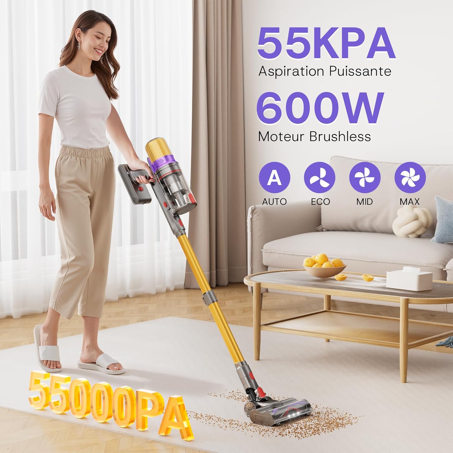 V16 Aspirateur Balai sans Fil 55Kpa/600W/80Mins, Aspirateur sans Fil Puissant, Écrans Tactiles LED, Mode Automatique, Brosse Anti-Emmêlement pour Tapis, Sols Durs et Poils d'animaux