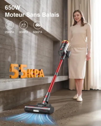 650W/55KPA Aspirateur Balai sans Fil 70min, 1.6 L Aspirateur sans Fil Puissant avec Rechargeable Support Mural, Brosse Anti-Enmêlement Améliorée et OLED Écran Tactile, pour Sols Durs/Animaux/Voiture2 Rouge