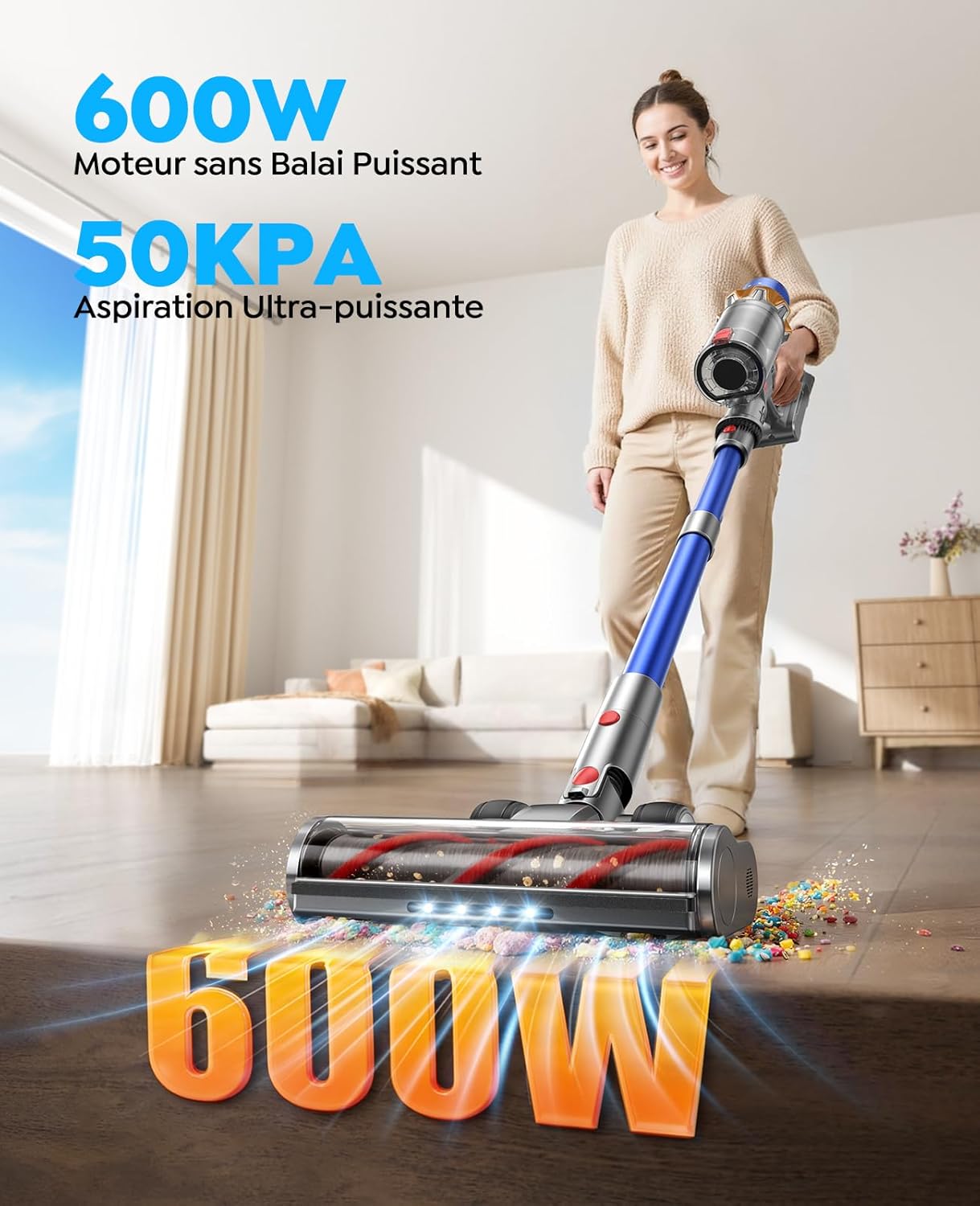 Aspirateur Balai sans Fil avec 2 Batteries, 130Min/50kPa/600W Aspirateur sans Fil Puissant, Tuyau Extensible, Brosse Canapé, Parfumé, Mode Automatique pour Sols Durs, Tapis, Animaux et Voiture