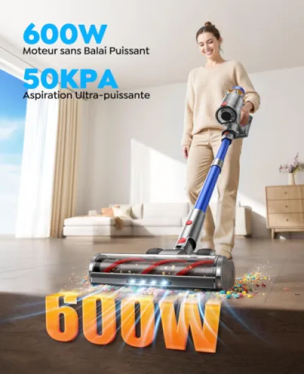 Aspirateur Balai sans Fil avec 2 Batteries, 130Min/50kPa/600W Aspirateur sans Fil Puissant, Tuyau Extensible, Brosse Canapé, Parfumé, Mode Automatique pour Sols Durs, Tapis, Animaux et Voiture