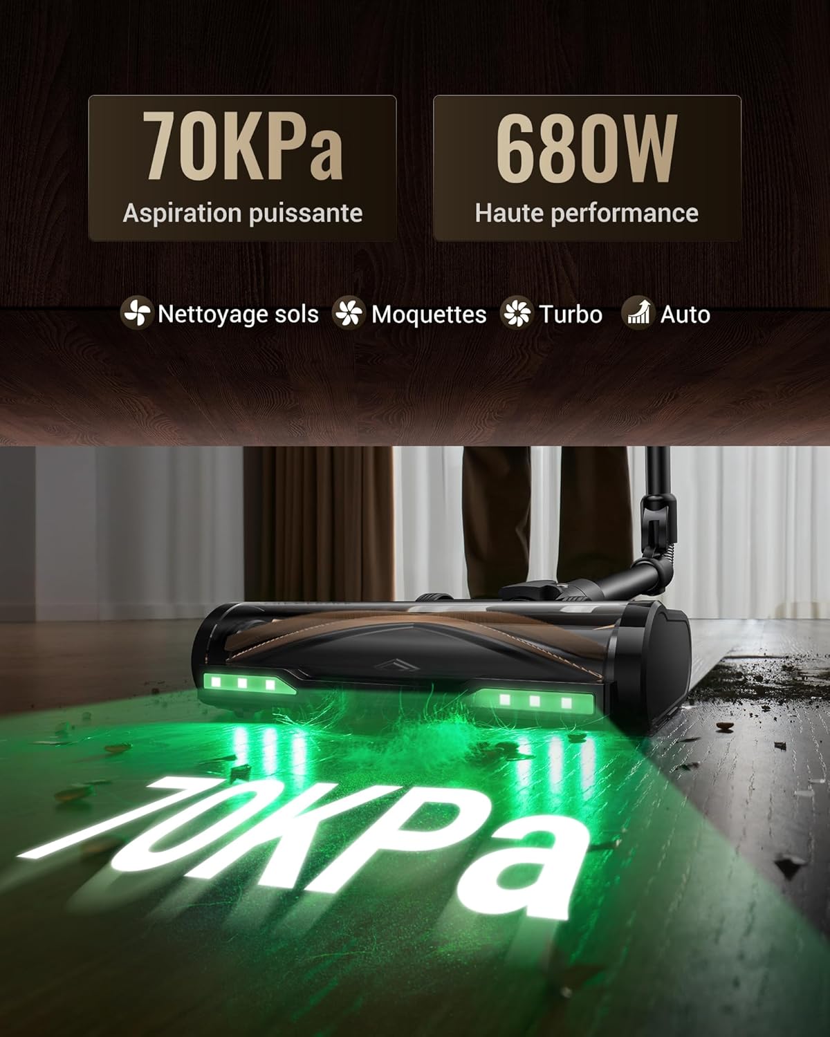 P20+ Aspirateur Balai sans Fil,70Kpa/680W/70Min Aspirateur Laveur avec Nettoyage de Sol,Aspirateur Pliable sans Fil Puissant,Autoportante,Brosse Anti-Enmêlement pour Tapis,Poils Animaux,Voit 2XL Gris Clair et Café