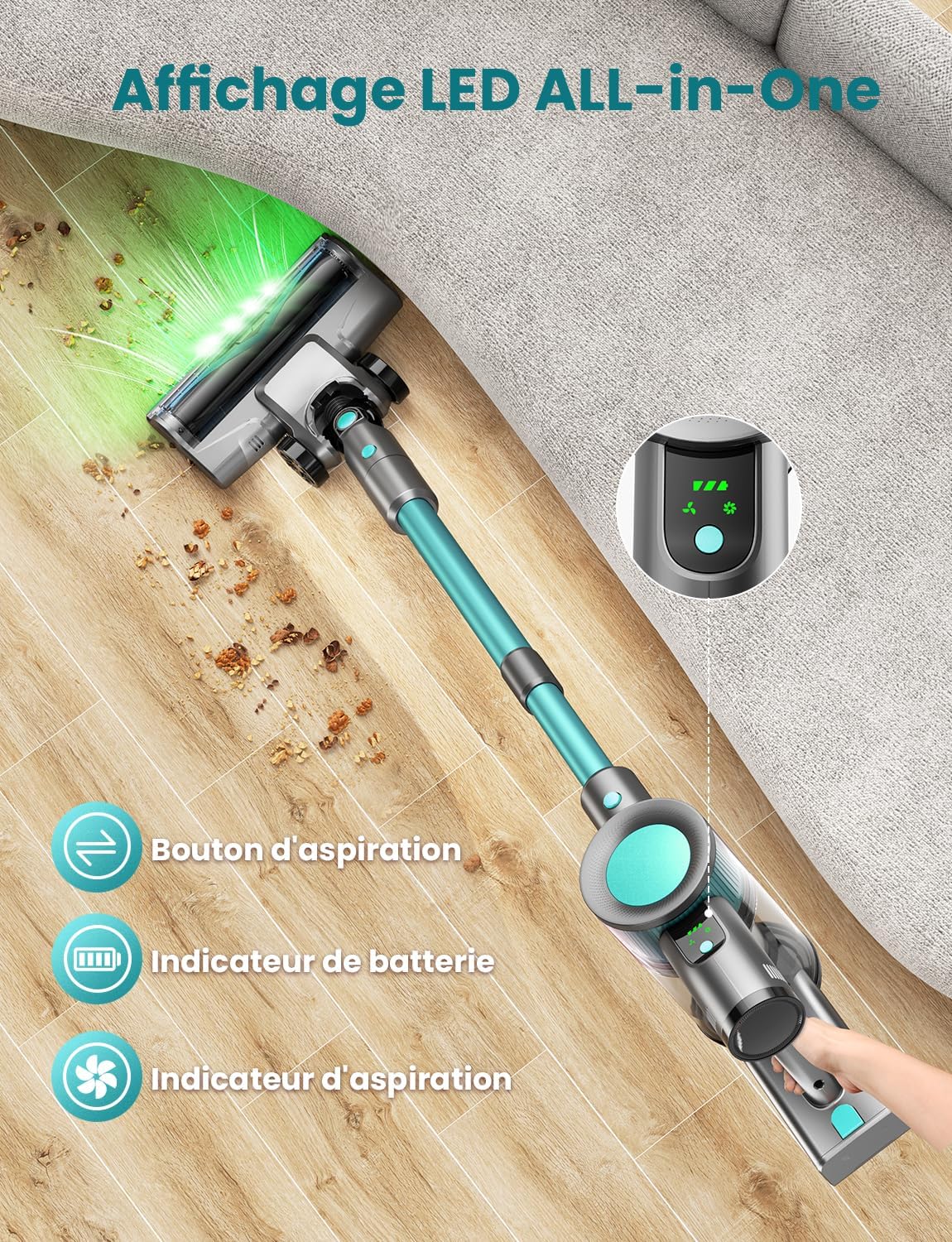 Aspirateur Balai sans Fil 45KPa, Aspirateur sans Fil Puissant, 50 Min Autonomie, Batterie Amovible, Brosse Anti-Enchevêtrement LED, Aspirateur Léger pour Poils d'animaux, Tapis, Sols Durs Canapé Vert