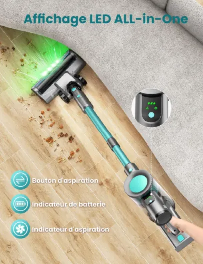 Aspirateur Balai sans Fil 45KPa, Aspirateur sans Fil Puissant, 50 Min Autonomie, Batterie Amovible, Brosse Anti-Enchevêtrement LED, Aspirateur Léger pour Poils d'animaux, Tapis, Sols Durs Canapé Vert