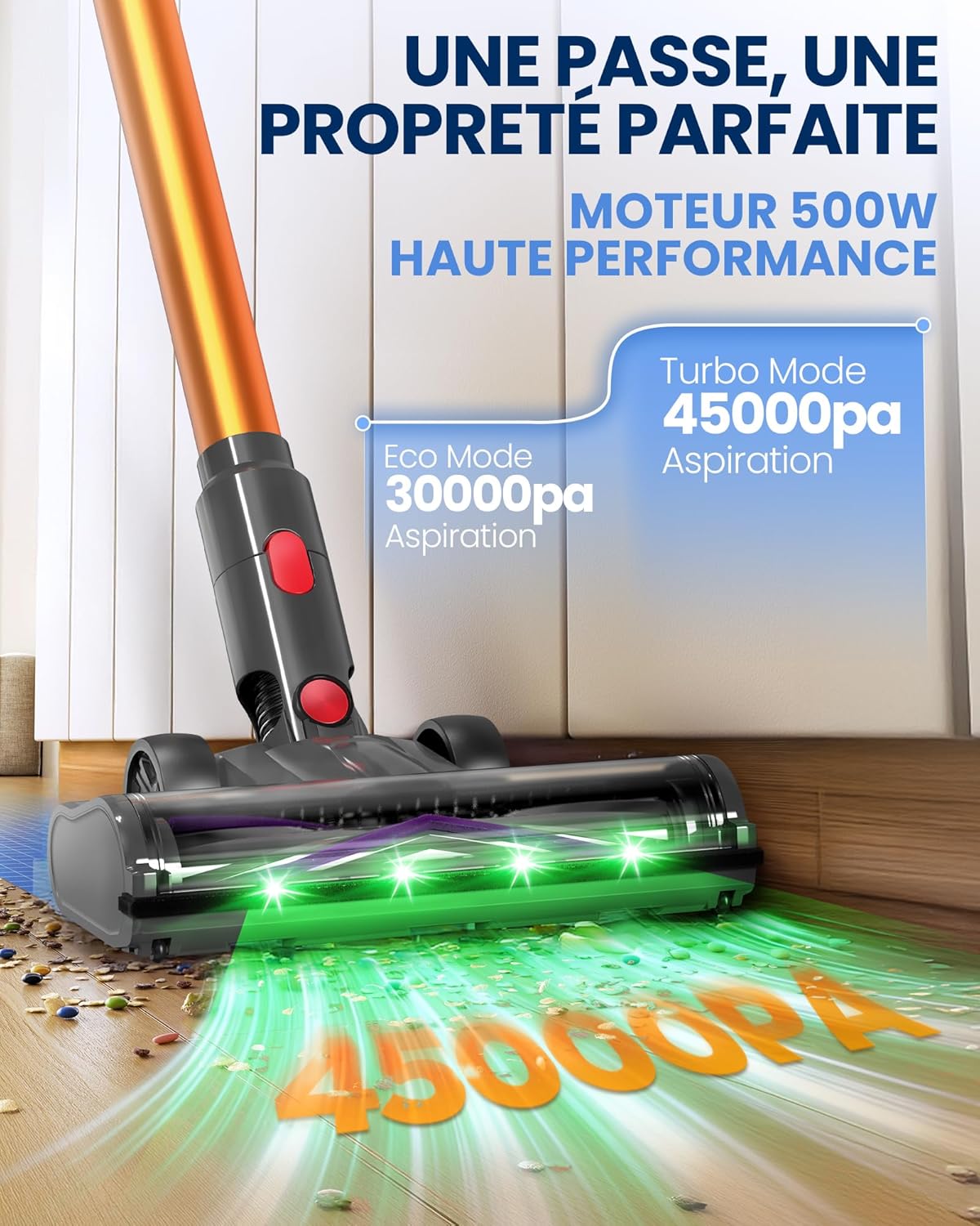 DP2 Aspirateur Balai Sans Fil À Double Batterie, 45KPa/60Min/500W, Affichage LED, Tube Télescopique, Autoportant, Lumière Greeneye, pour Nettoyage Maison, Poils D'animaux, Moquettes et Sols Durs