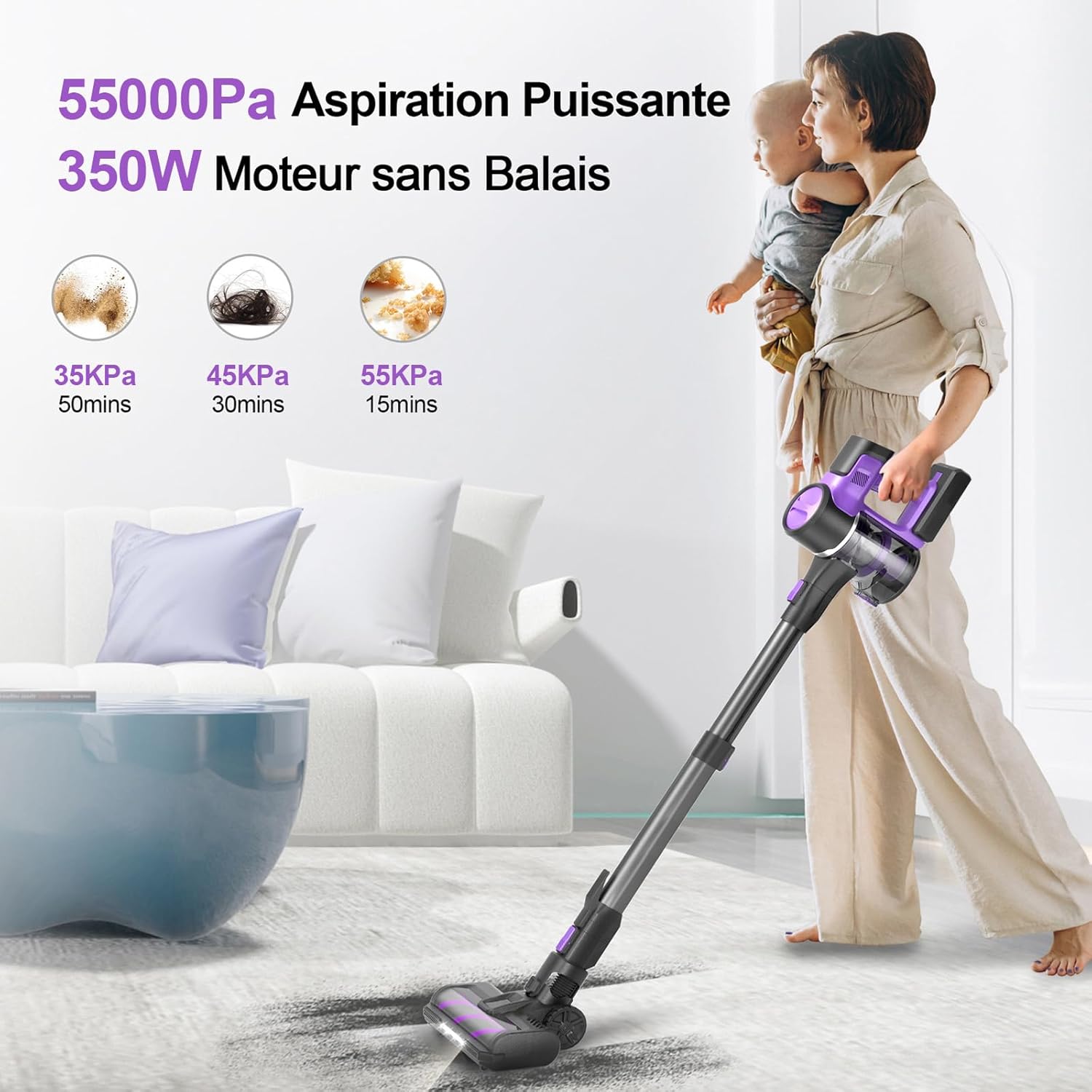 Aspirateur sans Fil, Aspirateur Balai sans Fil Puissant 55000Pa Pliable, 55Min Autonomie, Aspirateur sans Sac Léger Anti-Emmêlement pour Sol Dur Tapis Poils d'animaux Voiture(Violet)