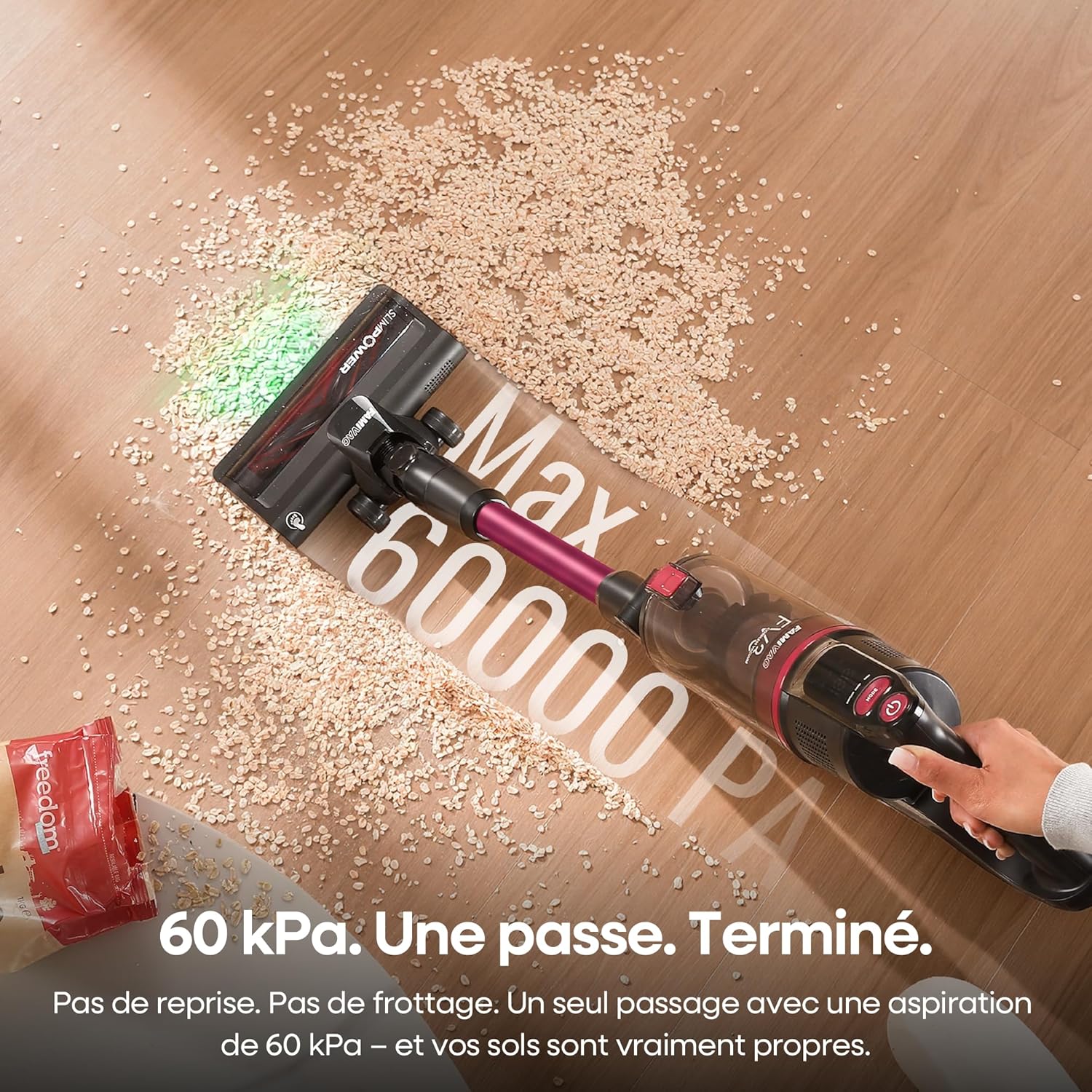 FV3 Aspirateur Balai sans Fil 60KPa/50Min/120㎡, Tube Pliable, Autoportant à Brosse Anti-Enchevêtrement, Lumière Verte, Aspirateur à Main Puissant pour Sol Dur/Moquette/Poils Animaux/Voiture Violet