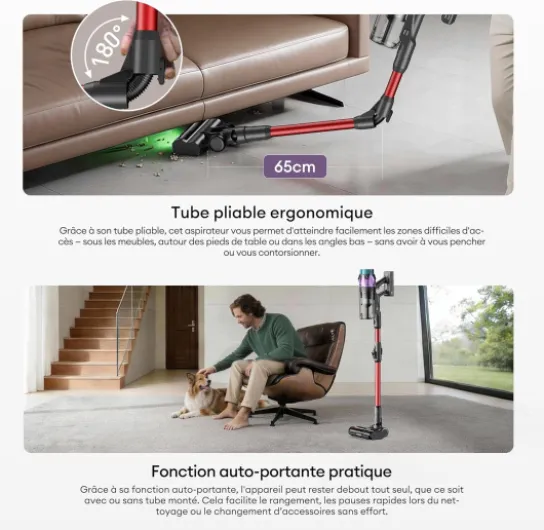 U18 Pro Aspirateur Balai sans Fil - 55kPa Puissant Poils d'animaux - GreenEye - 80min Autonomie - HEPA H13 Anti-Allergie - Tube Pliable - Maison & Voiture Rouge