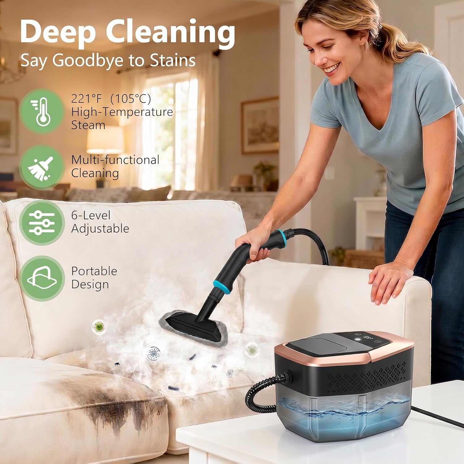 Nettoyeur Vapeur éLectriques Portable Vaporisateur a Main Appareil Professionnel Vitre Canapé Maison Cuisine Voiture, 6 Niveaux De RéGlage, 1,8L,Chauffage 15s,Affichage LCD Température