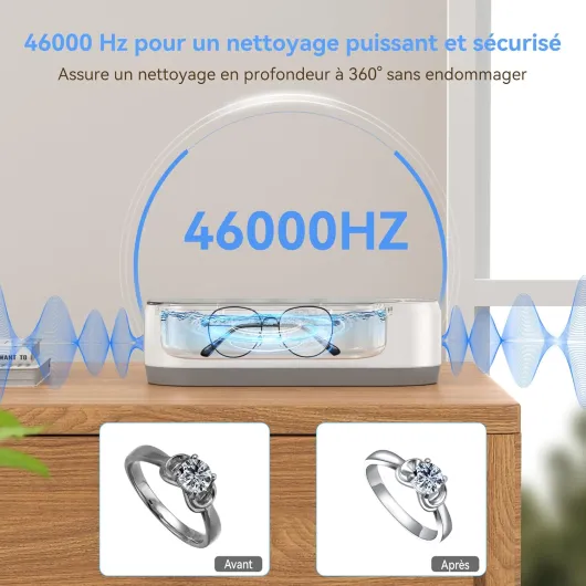 Nettoyeur Ultrason 48kHz Professionnel, Bac 400ML en Acier Inoxydable, 2 Modes 5/10 Min, Nettoyage Profond Silencieux pour Lunettes, Bijoux, Montres, Prothèses Dentaires et Outils Onglerie 350ml