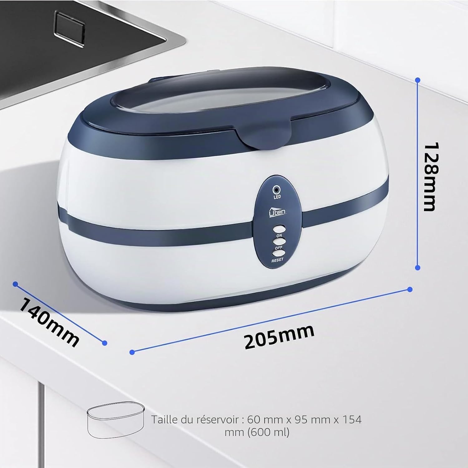Nettoyeur à Ultrasons 600ML Appareil Nettoyeur Domestique avec Panier Nettoyage et Support Automatique pour Nettoyage Bijoux Lunette Dentier CD