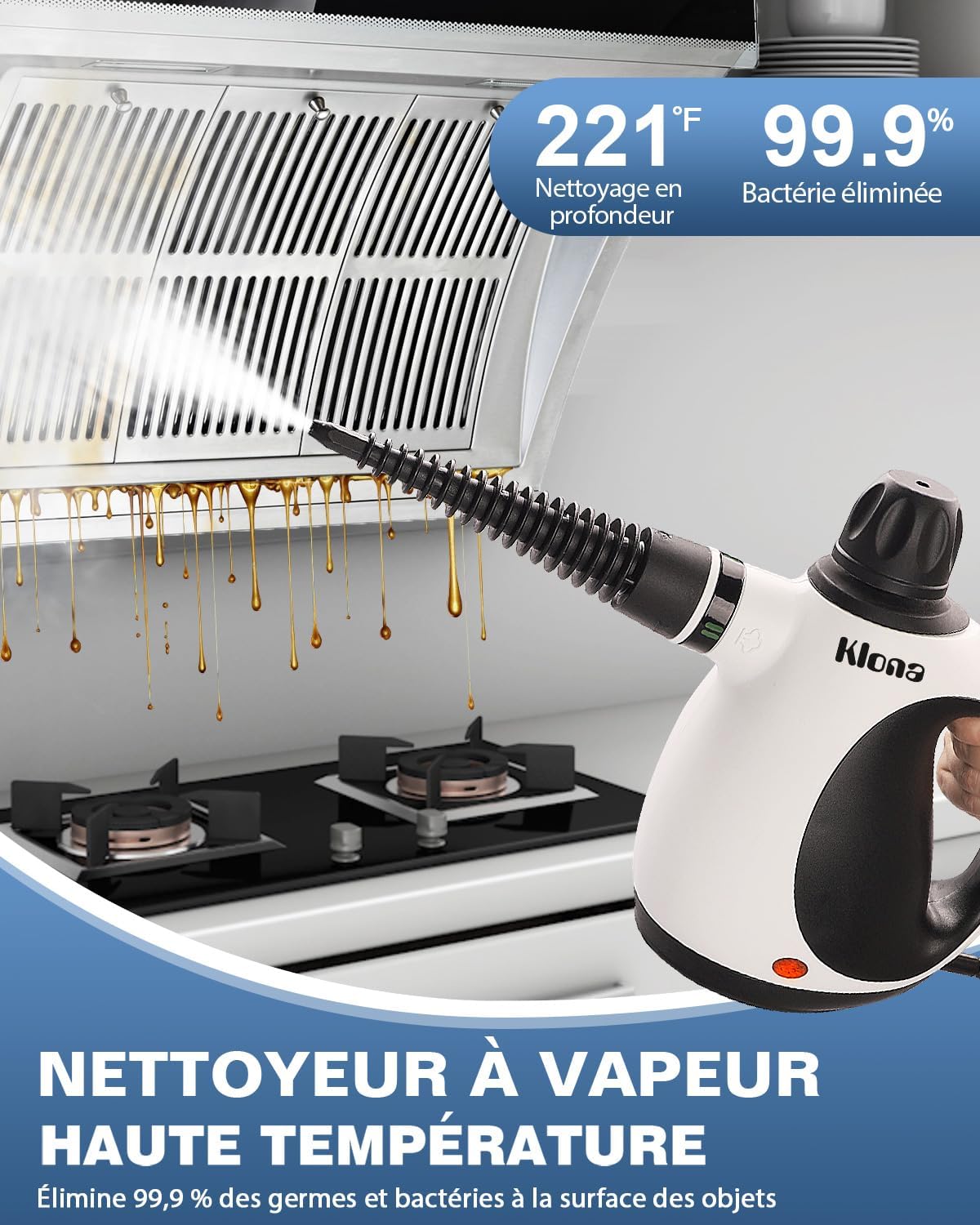 KLONA Nettoyeur à vapeur portatif, nettoyeur à vapeur multi-usage avec 10 accessoires pour tapis, rideaux, canapés, cuisines, salles de bains et bien plus encore - Blanc.