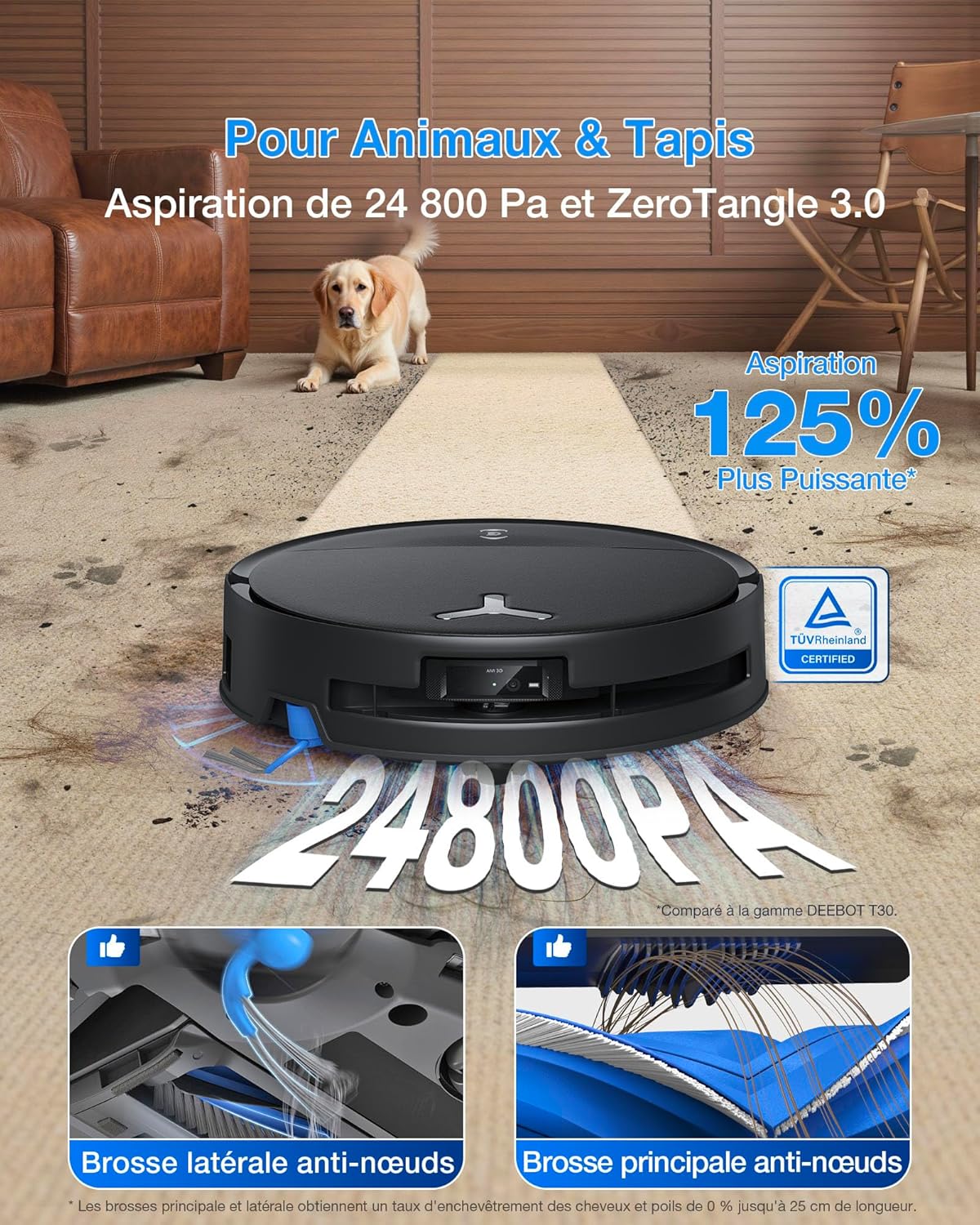 DEEBOT T80S Omni Robot Aspirateur Laveur, 24 800 Pa, OZMO Roller 2.0, ZeroTangle 3.0, Triple Lift, Lavage Patin 40 à 75 °C, Séchage à l'Air Chaud, Noir T80S OMNI Noir Noir