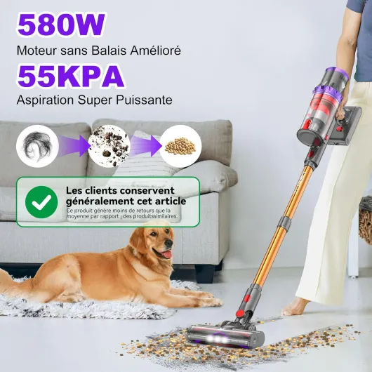 Coovy SU7 Aspirateur Balai sans Fil 580W/55Kpa/75Mins, Aspirateur Puissant, Détection Poussière, Écrans Tactiles LED, Brosse Anti-Emmêlement Vacuum Cleaner pour Sols Durs Tapis Voiture