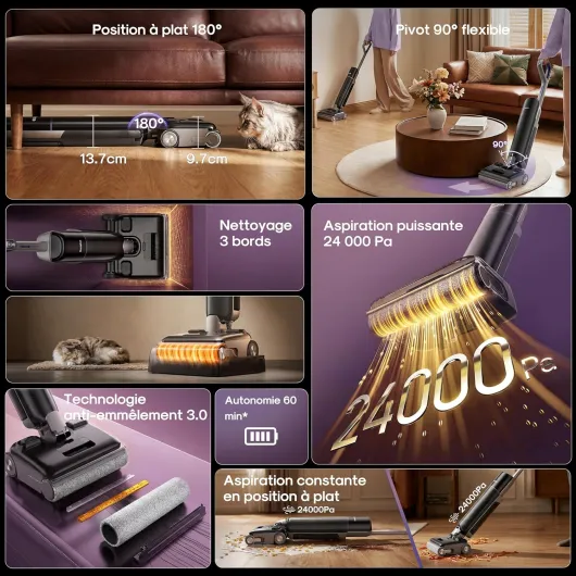 Floorshine 830 Aspirateur Laveur sans Fil, 24000Pa Aspiration, Auto-Nettoyage, séchage air Chaud 70°C, Brosse Anti-emmêlement 3.0, 180° à Plat, sols durs & Poils Animaux
