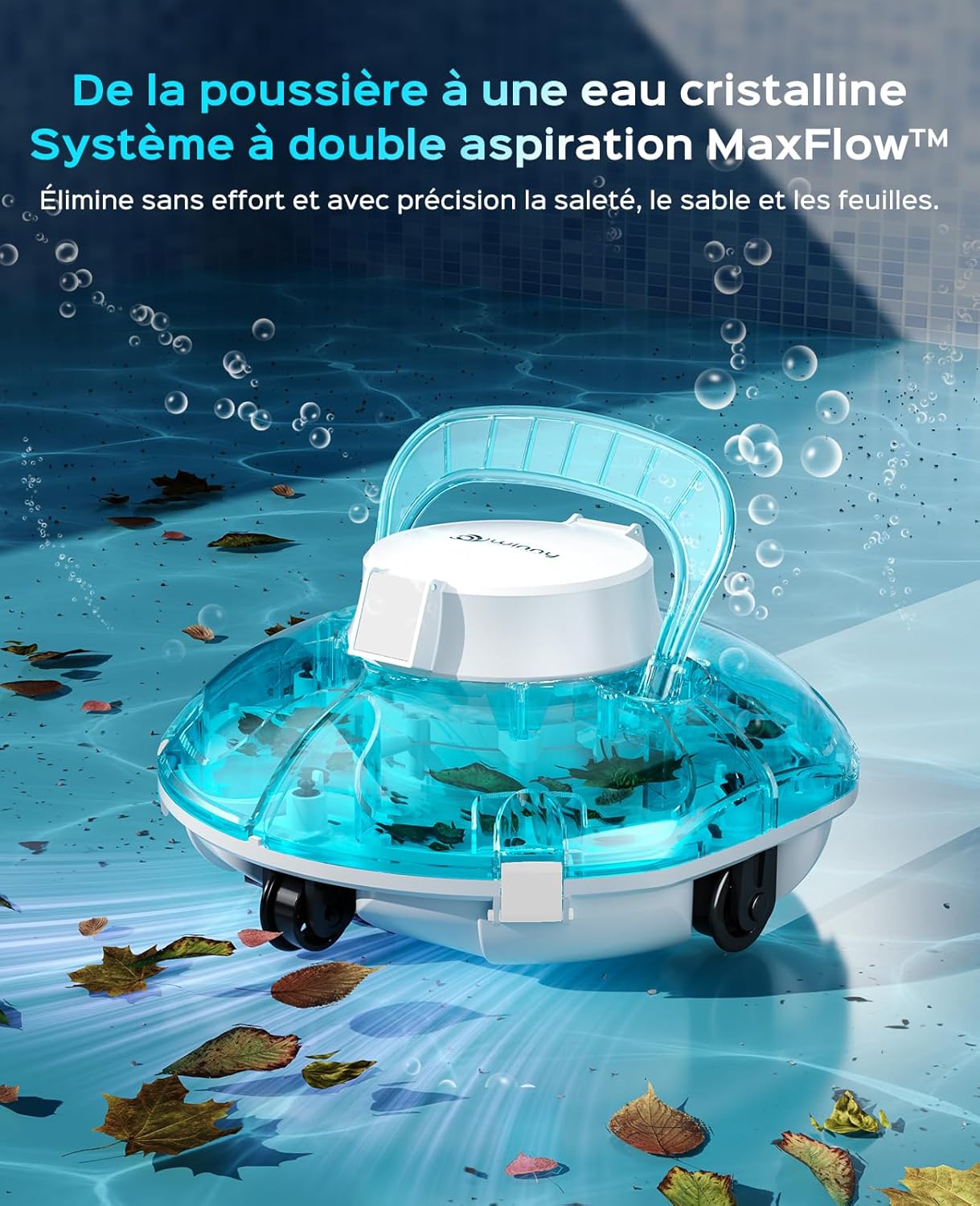 Winny 200 Robot Piscine, Aspirateur Piscine sans Fil avec Batterie, Autonomie 80 Min pour Piscines Hors-Sol 60m², Double Filtration,Stationnement Automatique(Bleu Marine-Blanc)