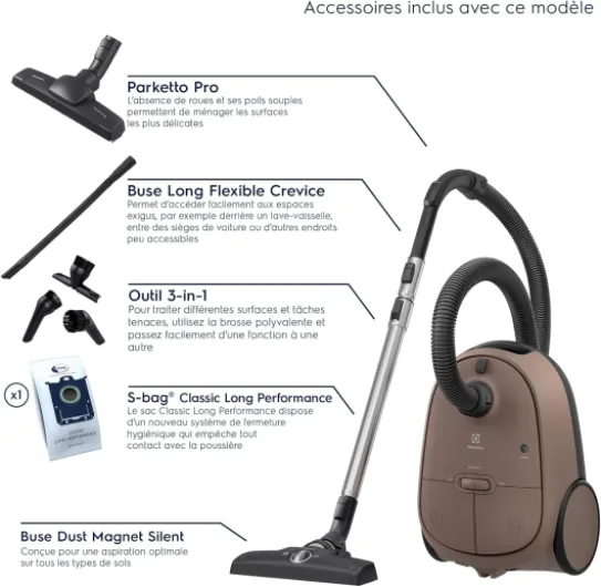600 Clean, Aspirateur avec Sac, Commandes aux Pieds, Filtre Hygiène 12 Lavable, Cordon 12m XXL, EB61C3WBL, Marron